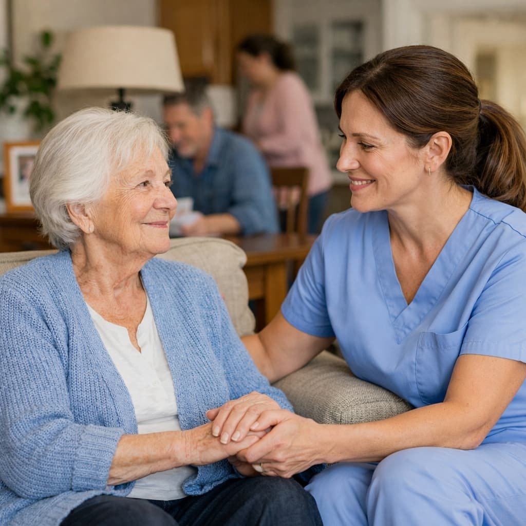 Seniors and caregivers sharing a cheerful meal together at a bright dining table