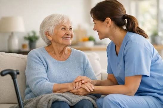 A care coordinator having a friendly conversation with a senior client